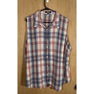 Chaps Women's 3X Sleeveless Top Plaid Button Down 100% Cotton CottageCore Preppy